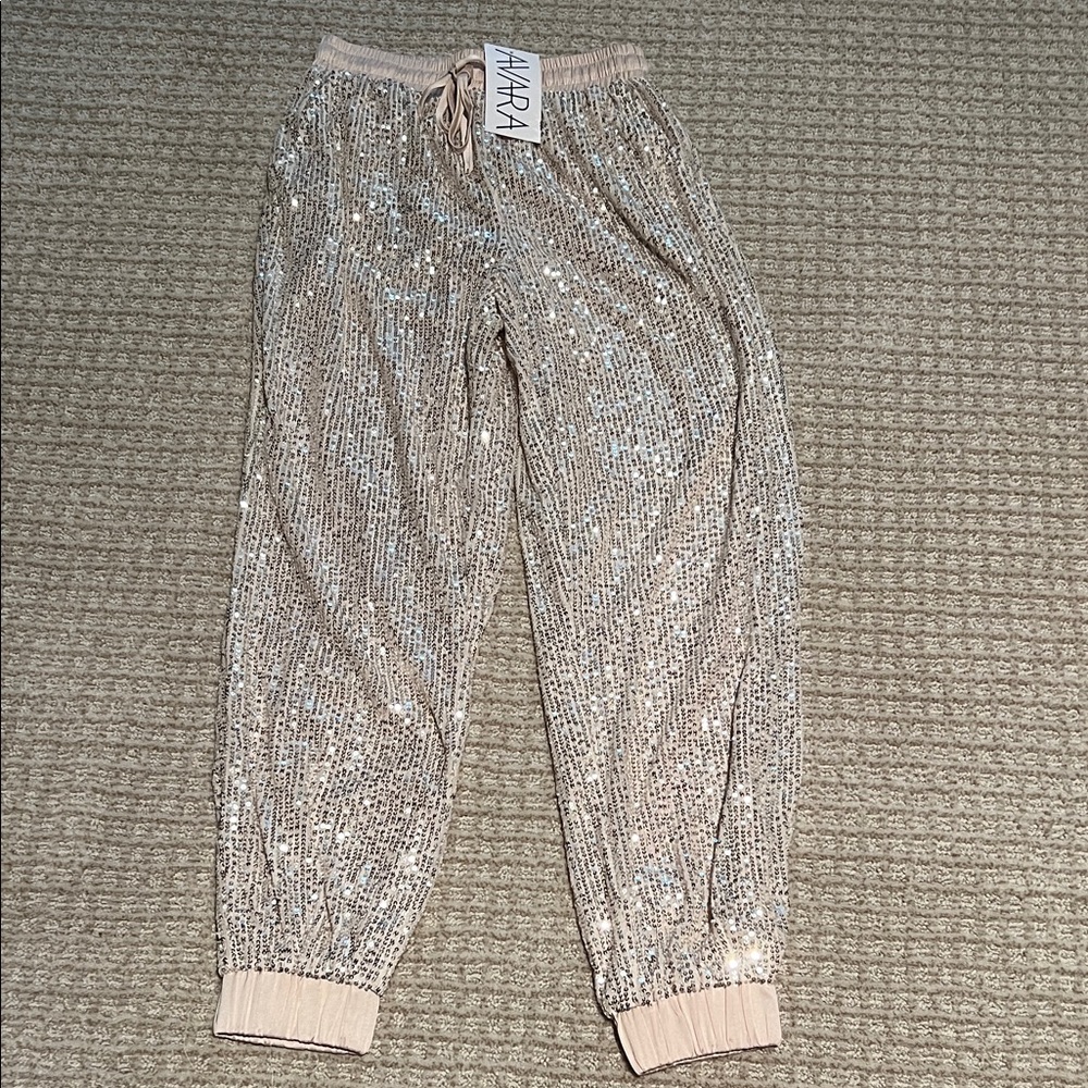 Ellison Sequin Jogger Pants in Silver and Cream